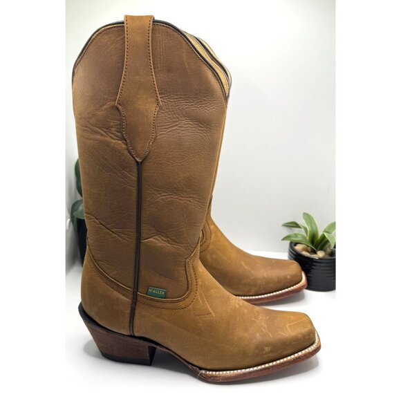 McAllen Women's Leather Western Cowboy Boots Tan Square Toe - Picture 11 of 14